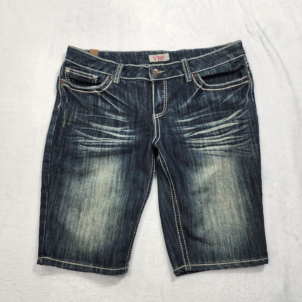 YMI Shorts Womens 13 Juniors Blue Bermuda Faded Whiskered Stretch Denim Casual